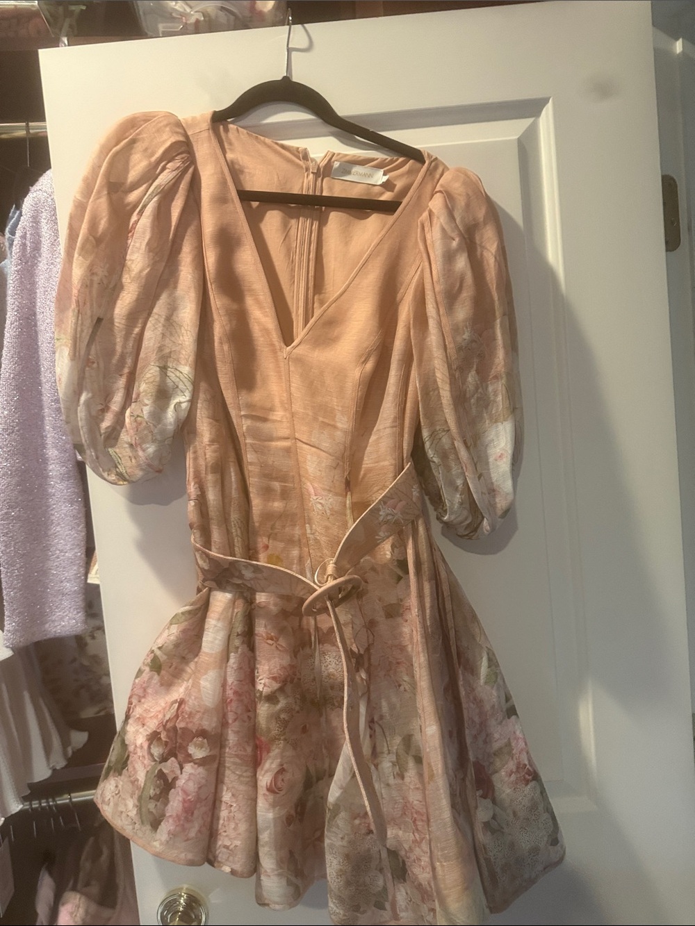 Zimmermann Blush Pink Floral Puff-Sleeve Mini Dress